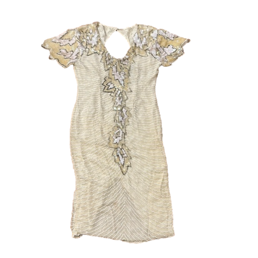 Vintage Form Fitting Cream Royal Feelings Beaded Evening Sequin Dress Medium
